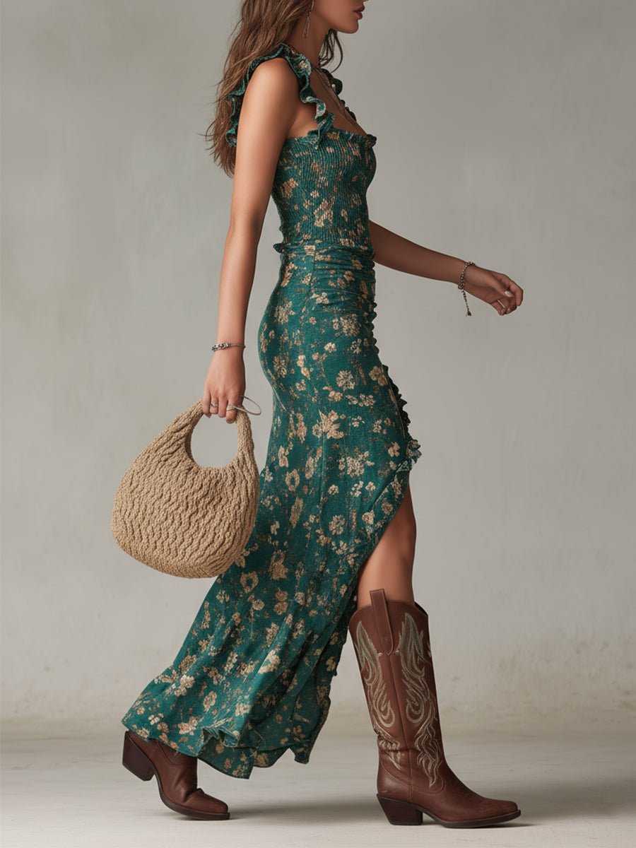 Women's Boho Floral Smocked Sleeveless Maxi Dress