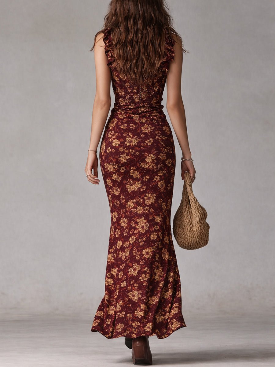 Women's Boho Floral Smocked Sleeveless Maxi Dress