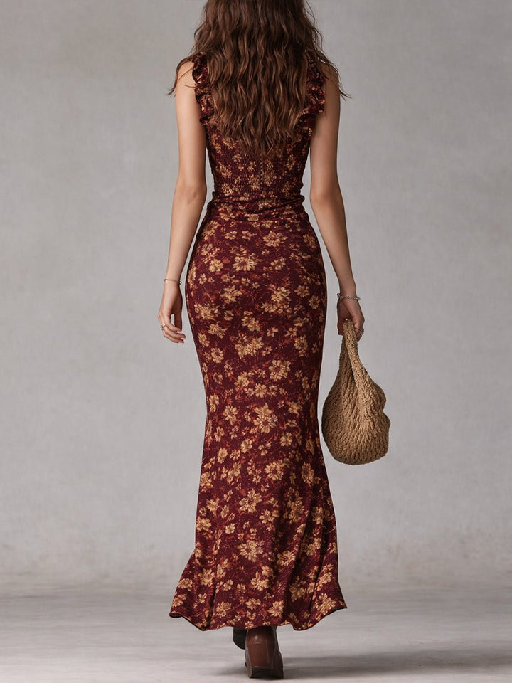 Women's Boho Floral Smocked Sleeveless Maxi Dress