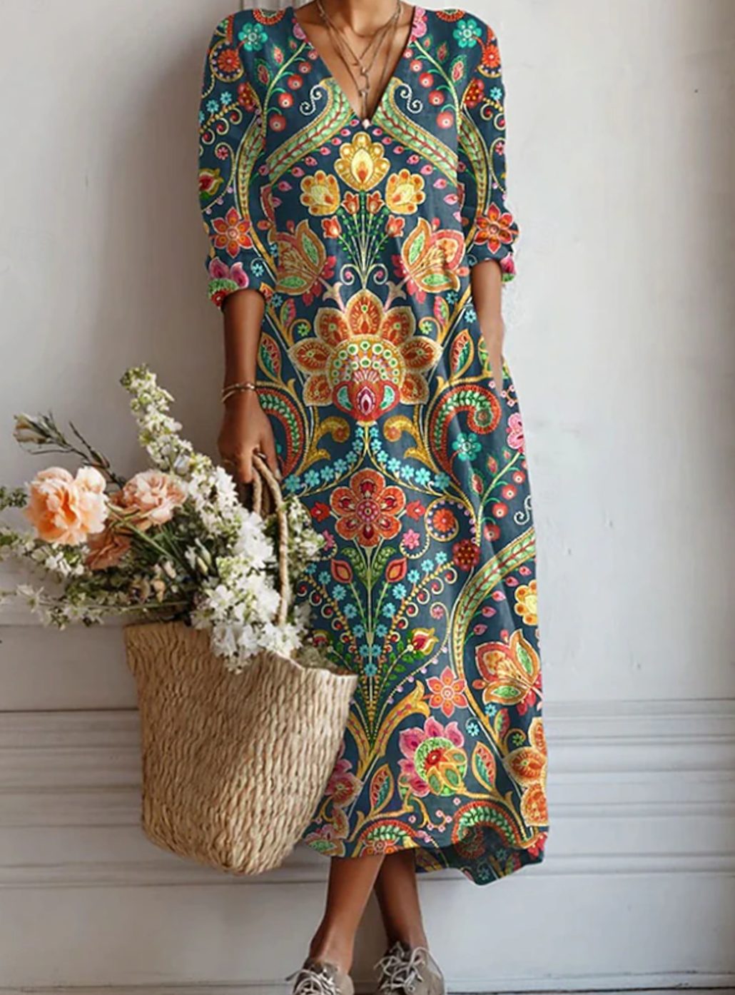 Women's Boho Floral V-Neck Long Sleeve Maxi Dress - Multicolor
