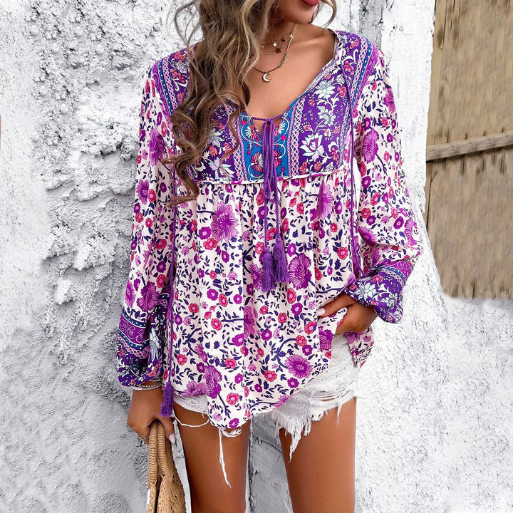 Women's Boho Floral V-Neck Tassel-Tie Relaxed Tunic Top - Lila