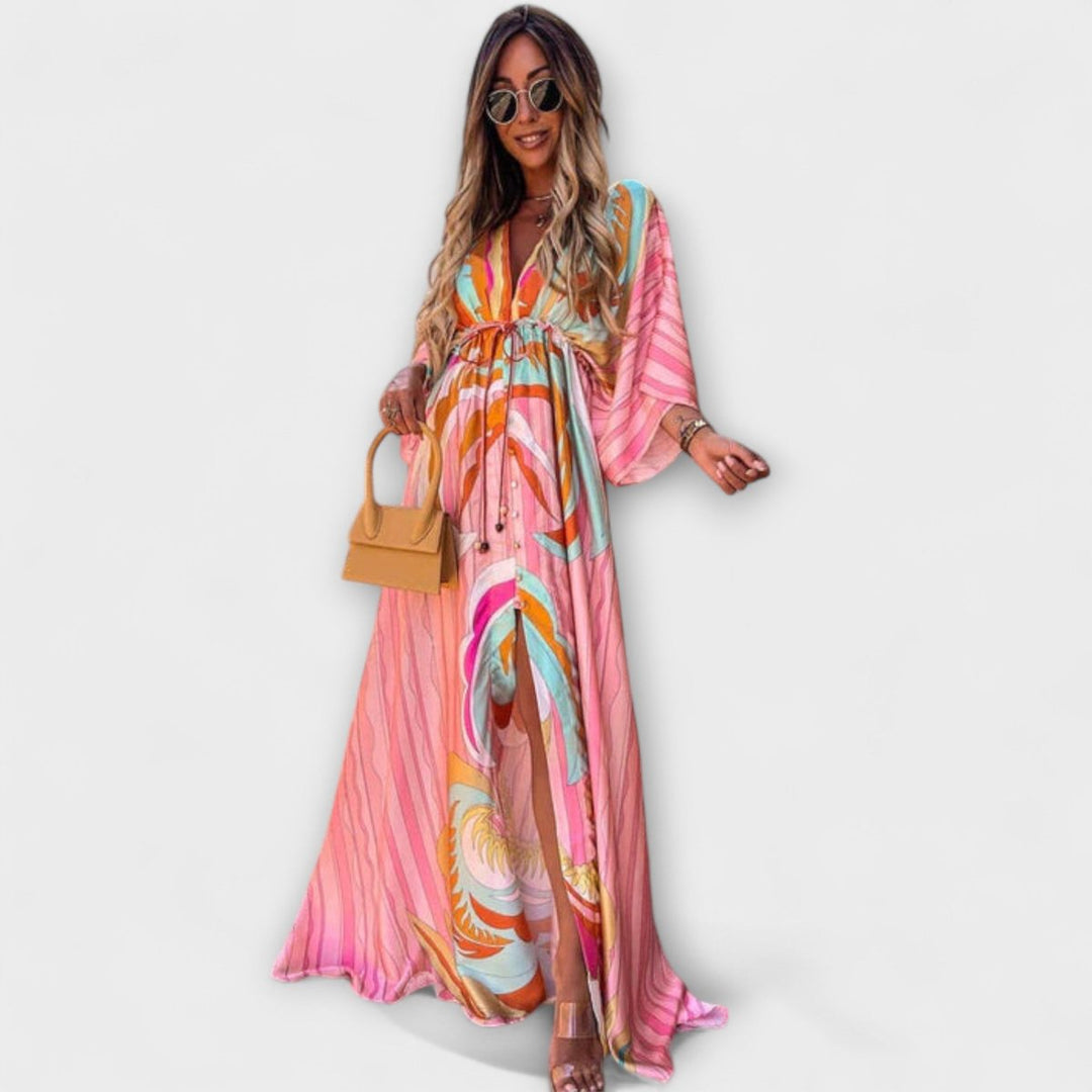 Women's Boho Flowy V-Neck Button-Down Printed Maxi Dress - Light Pink