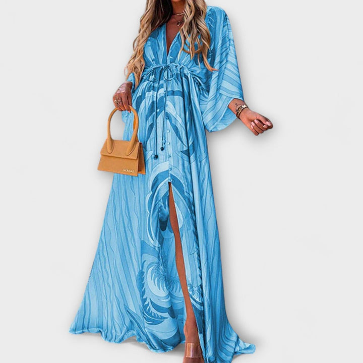 Women's Boho Flowy V-Neck Button-Down Printed Maxi Dress - Blue
