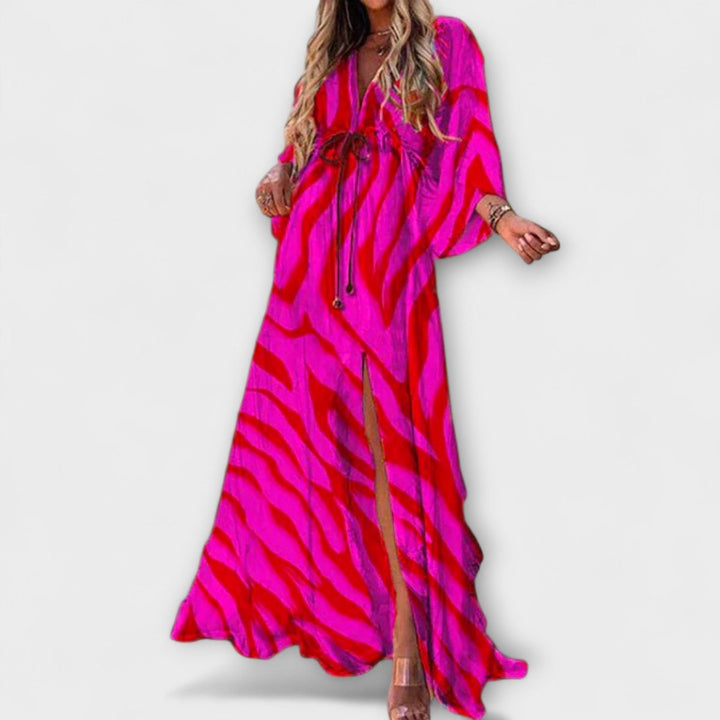 Women's Boho Flowy V-Neck Button-Down Printed Maxi Dress - Pink/Red