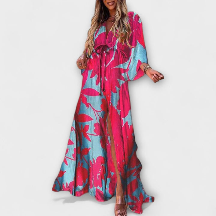 Women's Boho Flowy V-Neck Button-Down Printed Maxi Dress - Blue/Pink