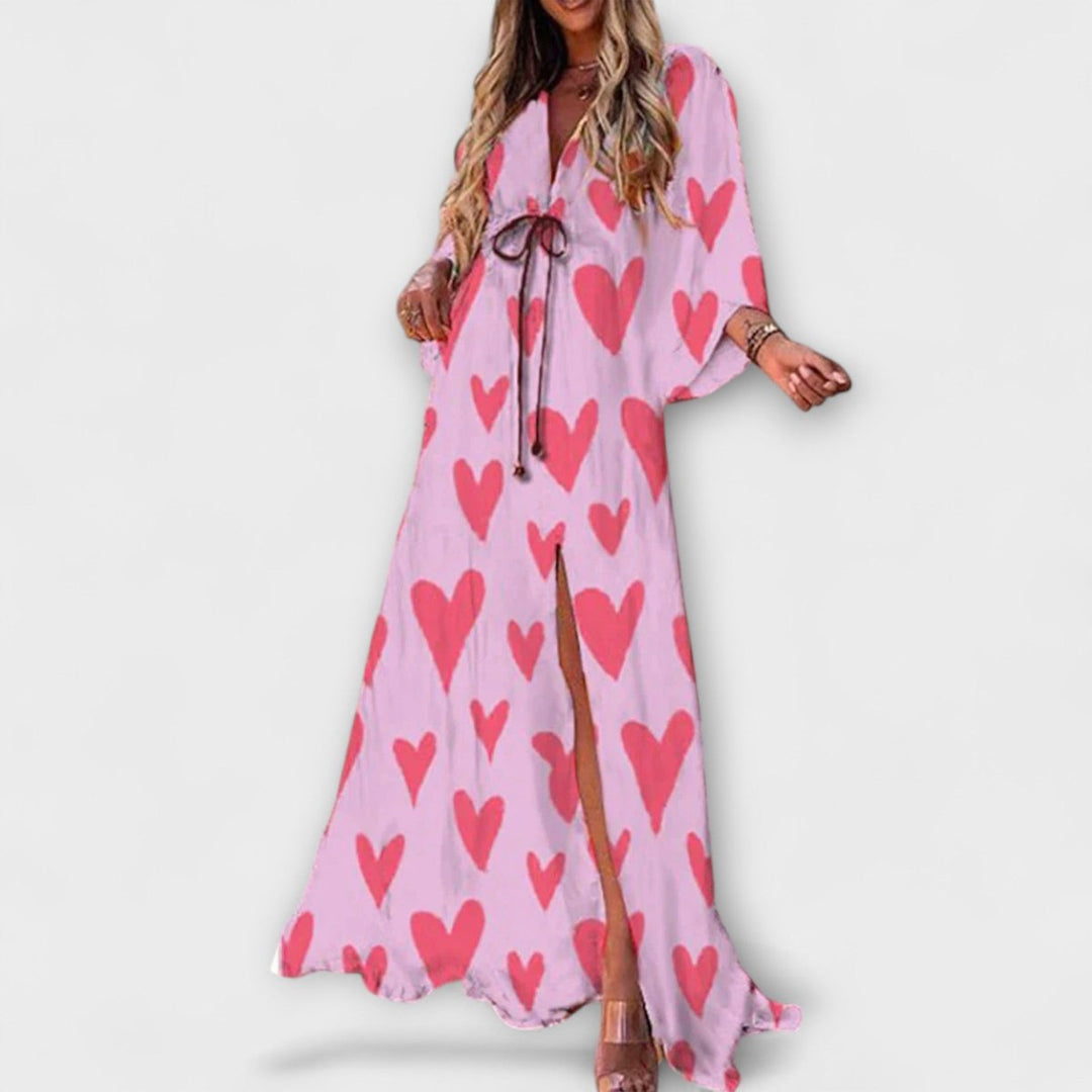 Women's Boho Flowy V-Neck Button-Down Printed Maxi Dress - Pink