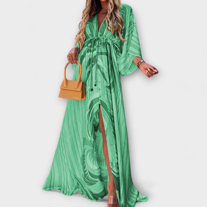 Women's Boho Flowy V-Neck Button-Down Printed Maxi Dress - Green