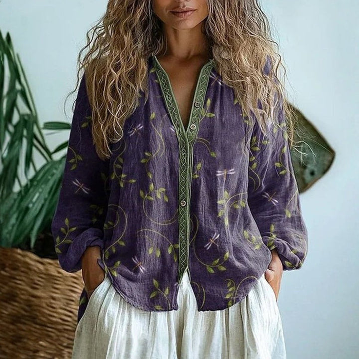 Women's Boho Linen Button-Down Cardigan Blouse Long Sleeve - Purple