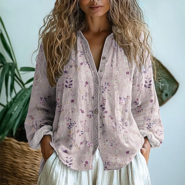 Women's Boho Linen Button-Down Cardigan Blouse Long Sleeve - Light Pink