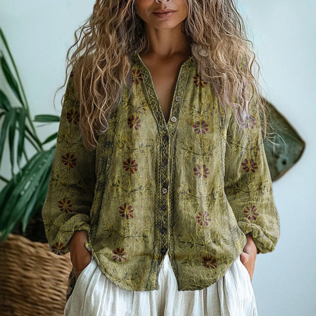 Women's Boho Linen Button-Down Cardigan Blouse Long Sleeve - Light Olive Green