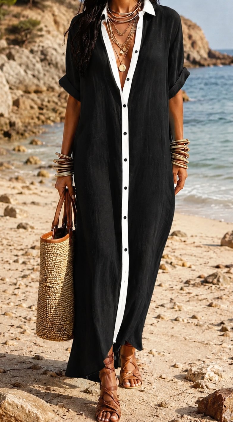 Women's Boho Linen Maxi Button-Down Shirt Dress - Black
