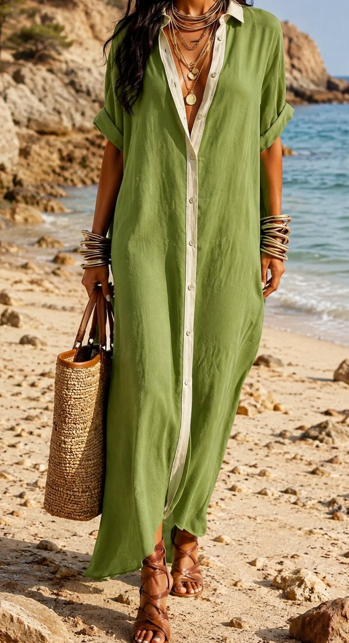 Women's Boho Linen Maxi Button-Down Shirt Dress - Green
