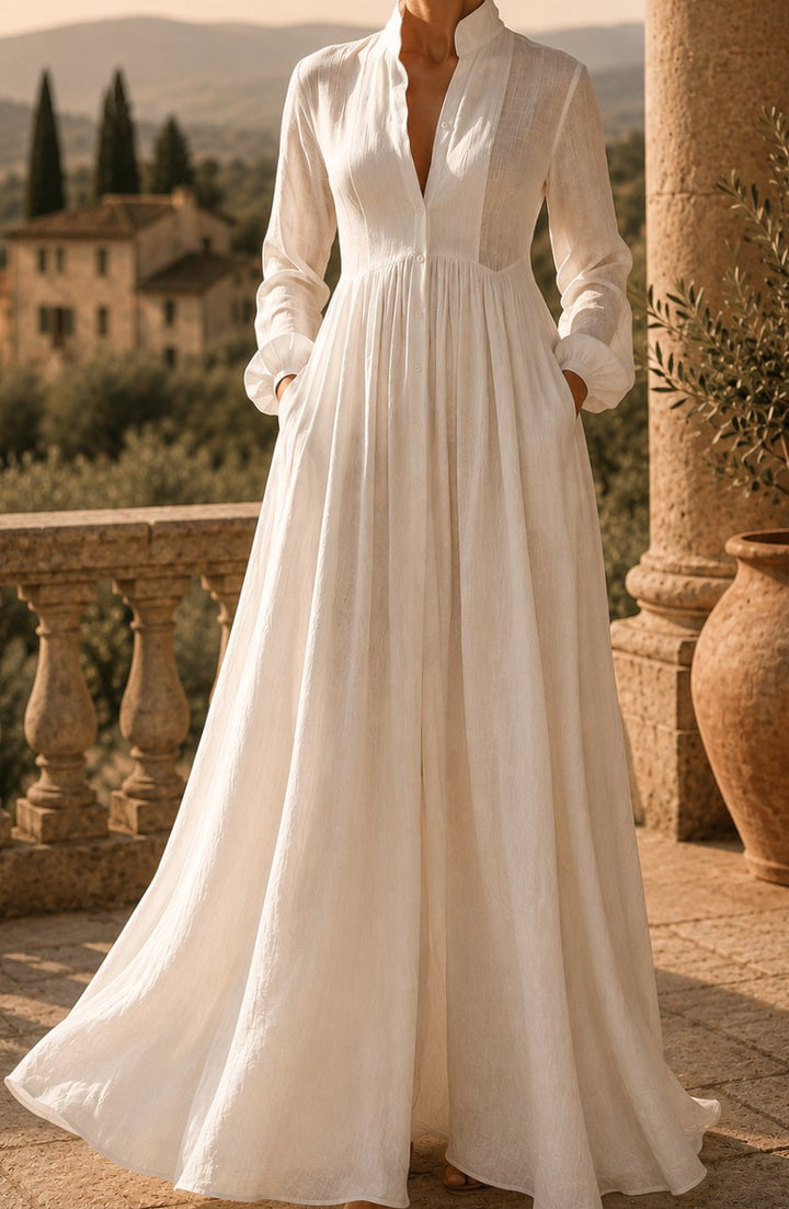 Women's Boho Long-Sleeve V-Neck Flowy Linen Maxi Dress