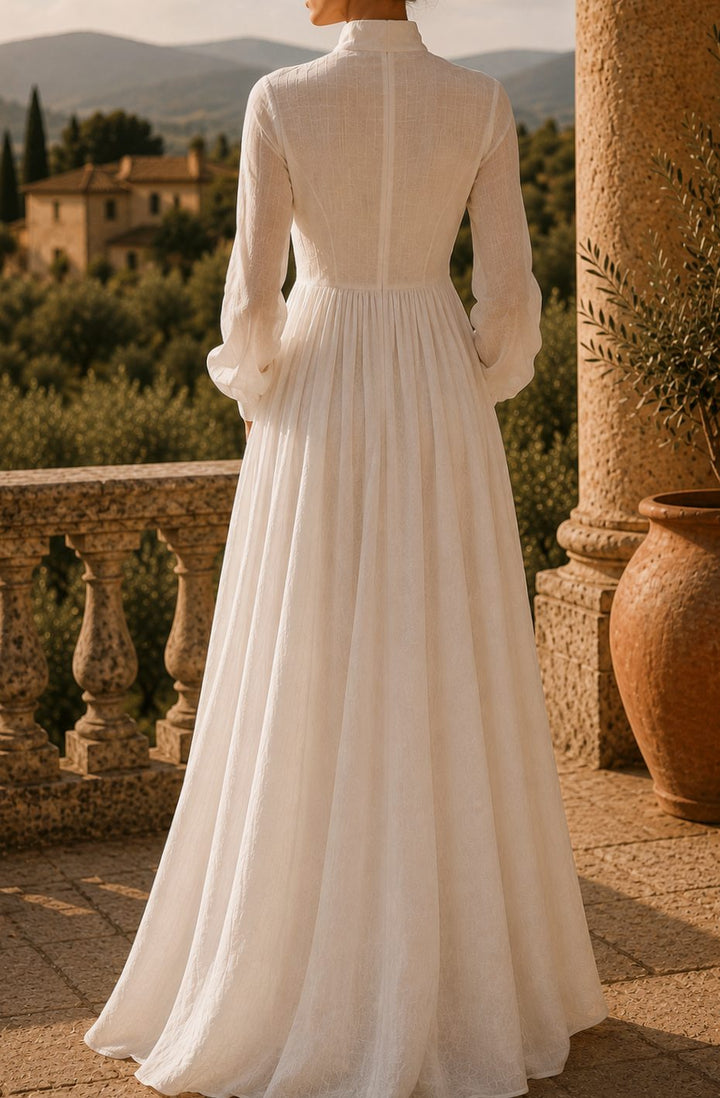 Women's Boho Long-Sleeve V-Neck Flowy Linen Maxi Dress