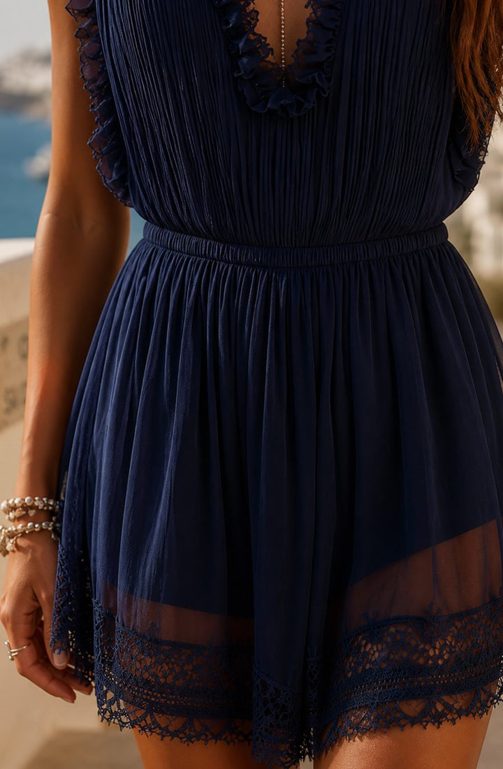 Women's Boho Navy Pleated V-Neck Lace-Hem Romper