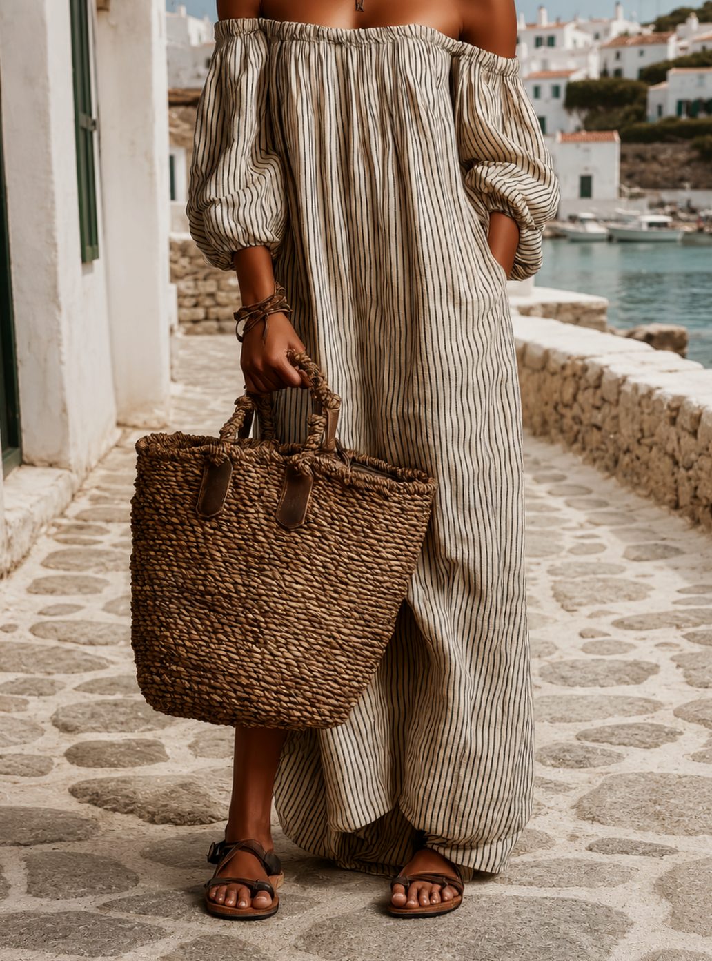 Women's Boho Off-Shoulder Striped Linen Maxi Dress - Beige