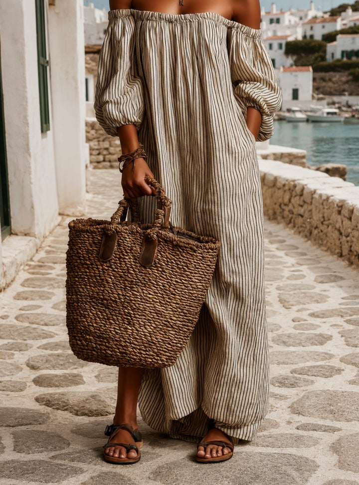Women's Boho Off-Shoulder Striped Linen Maxi Dress - Beige