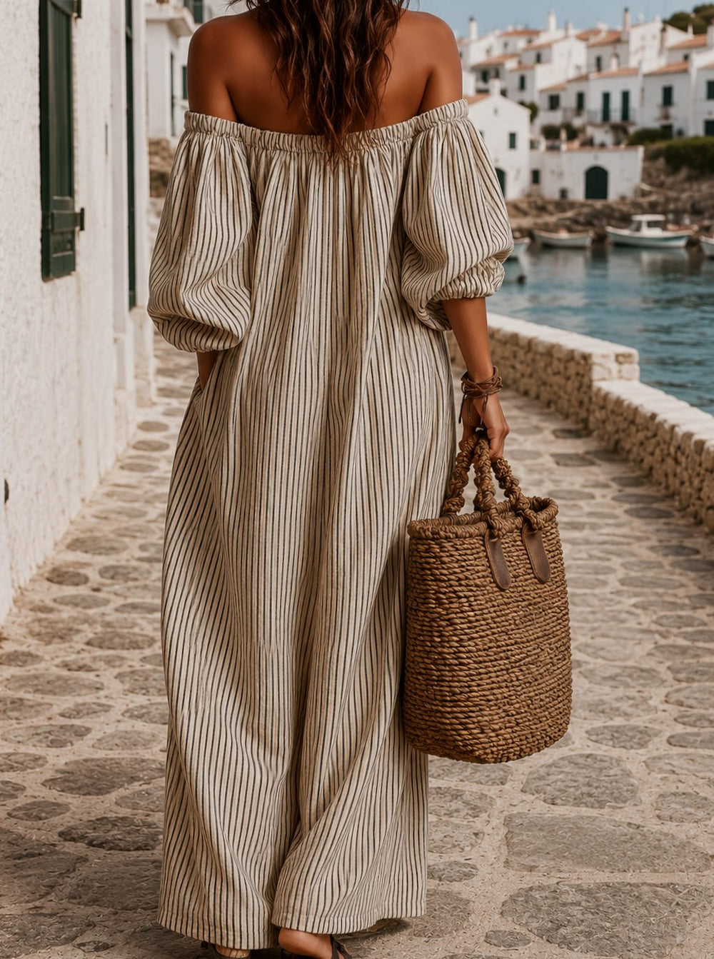 Women's Boho Off-Shoulder Striped Linen Maxi Dress