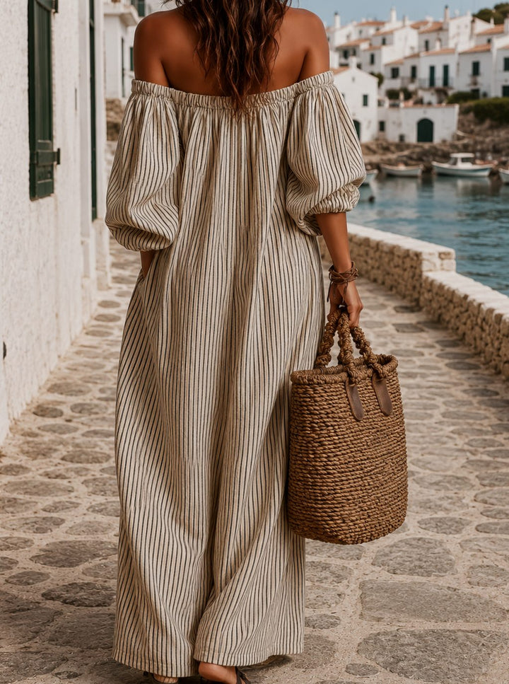 Women's Boho Off-Shoulder Striped Linen Maxi Dress