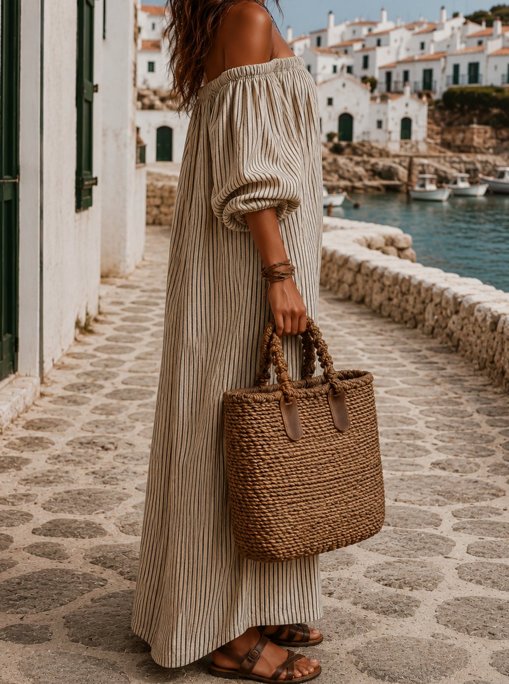 Women's Boho Off-Shoulder Striped Linen Maxi Dress