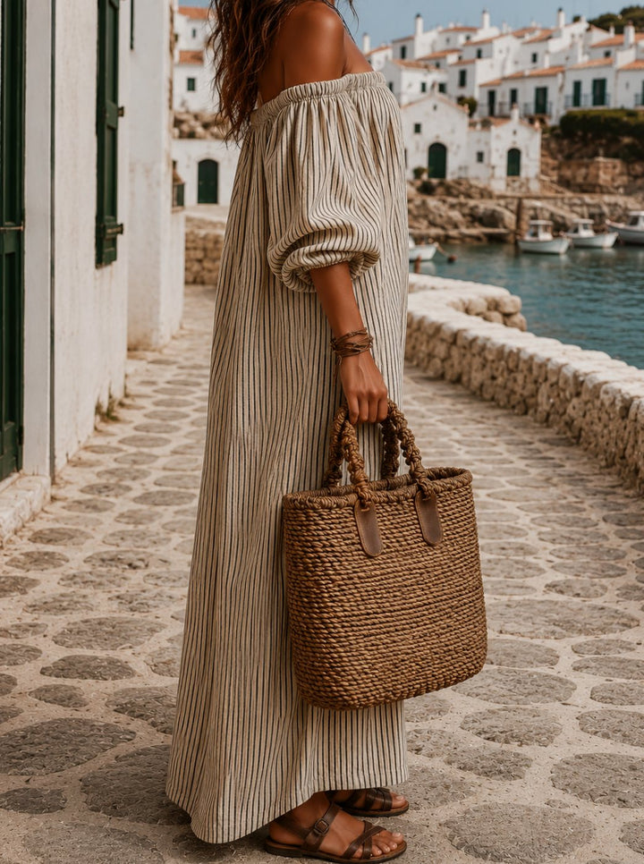 Women's Boho Off-Shoulder Striped Linen Maxi Dress
