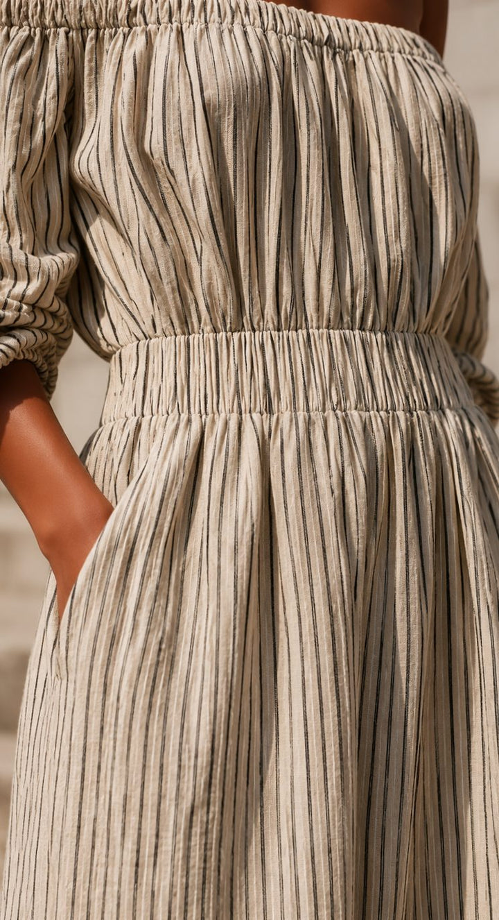 Women's Boho Off-Shoulder Striped Linen Maxi Dress