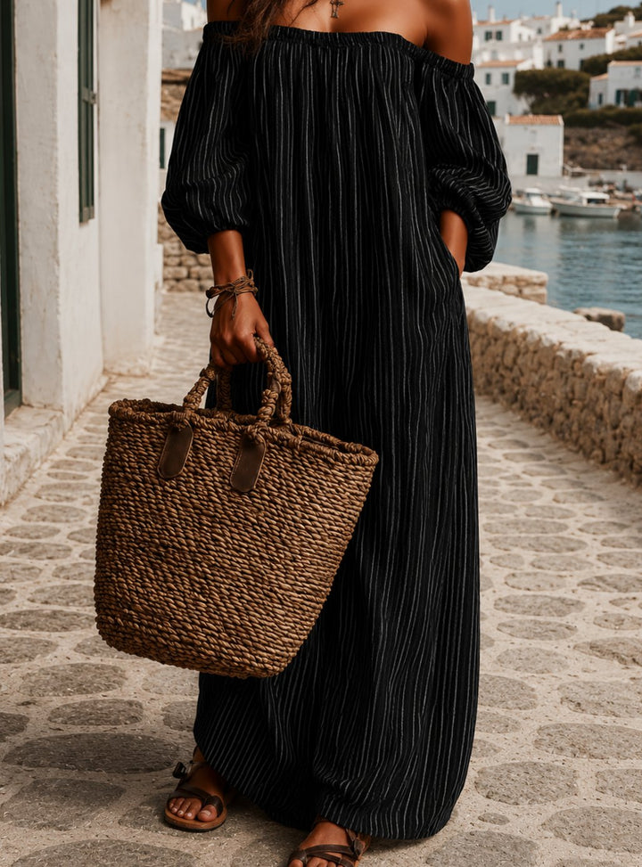 Women's Boho Off-Shoulder Striped Linen Maxi Dress - Black