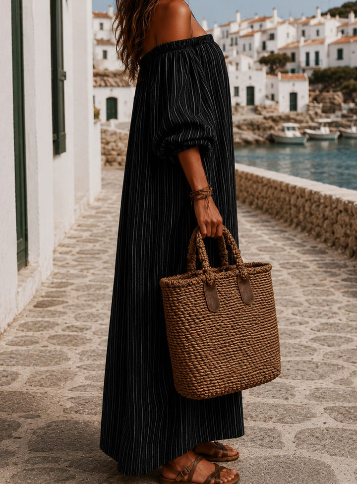 Women's Boho Off-Shoulder Striped Linen Maxi Dress