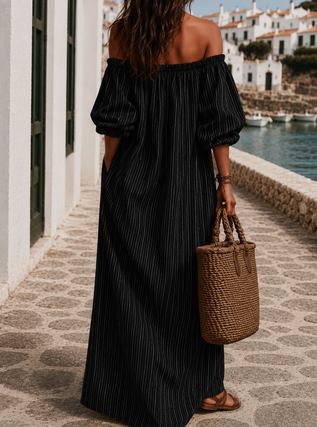 Women's Boho Off-Shoulder Striped Linen Maxi Dress