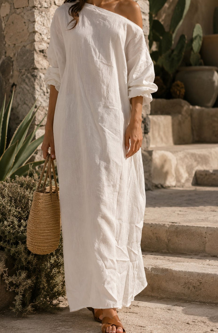 Women's Boho One-Shoulder Linen Maxi Dress Wide Sleeve