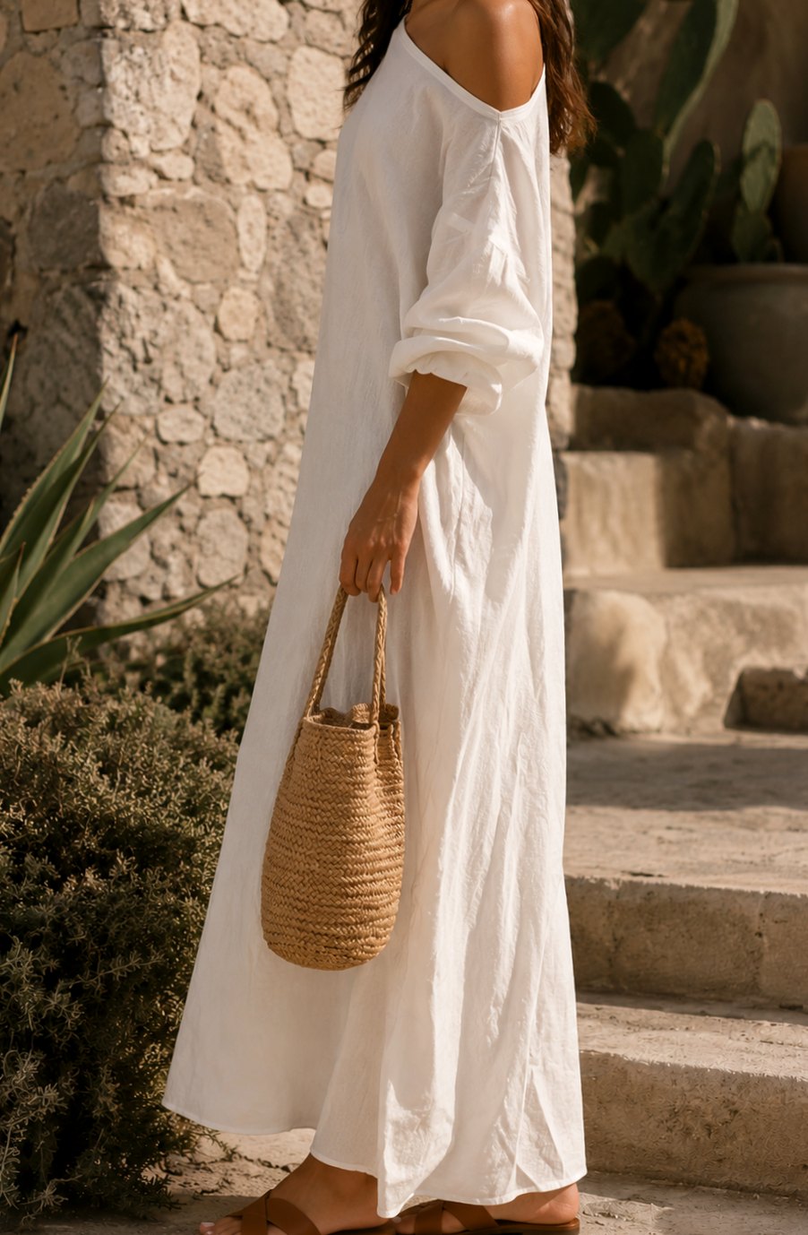 Women's Boho One-Shoulder Linen Maxi Dress Wide Sleeve