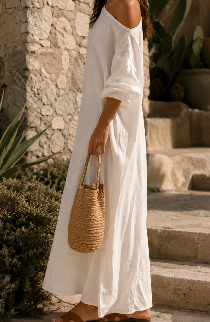 Women's Boho One-Shoulder Linen Maxi Dress Wide Sleeve