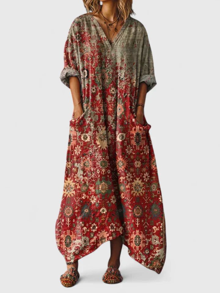 Women's Boho Paisley Print Oversized Cotton Maxi Dress - Red