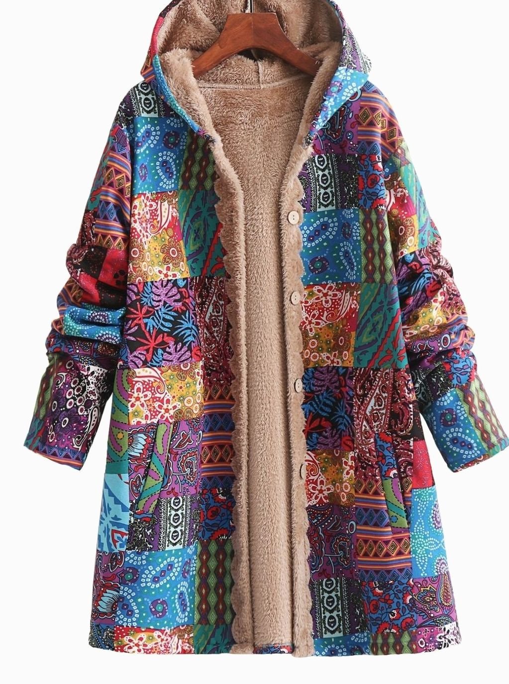 Women's Boho Patchwork Print Fleece-Lined Hooded Comfortable Jacket - Blue
