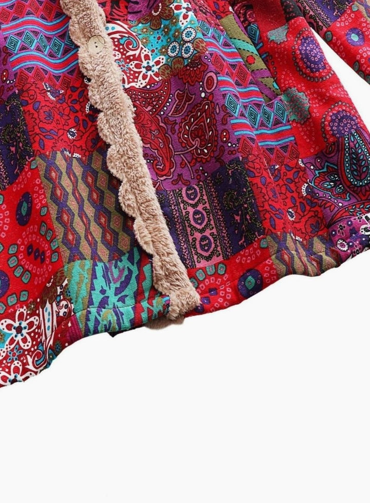 Women's Boho Patchwork Print Fleece-Lined Hooded Comfortable Jacket