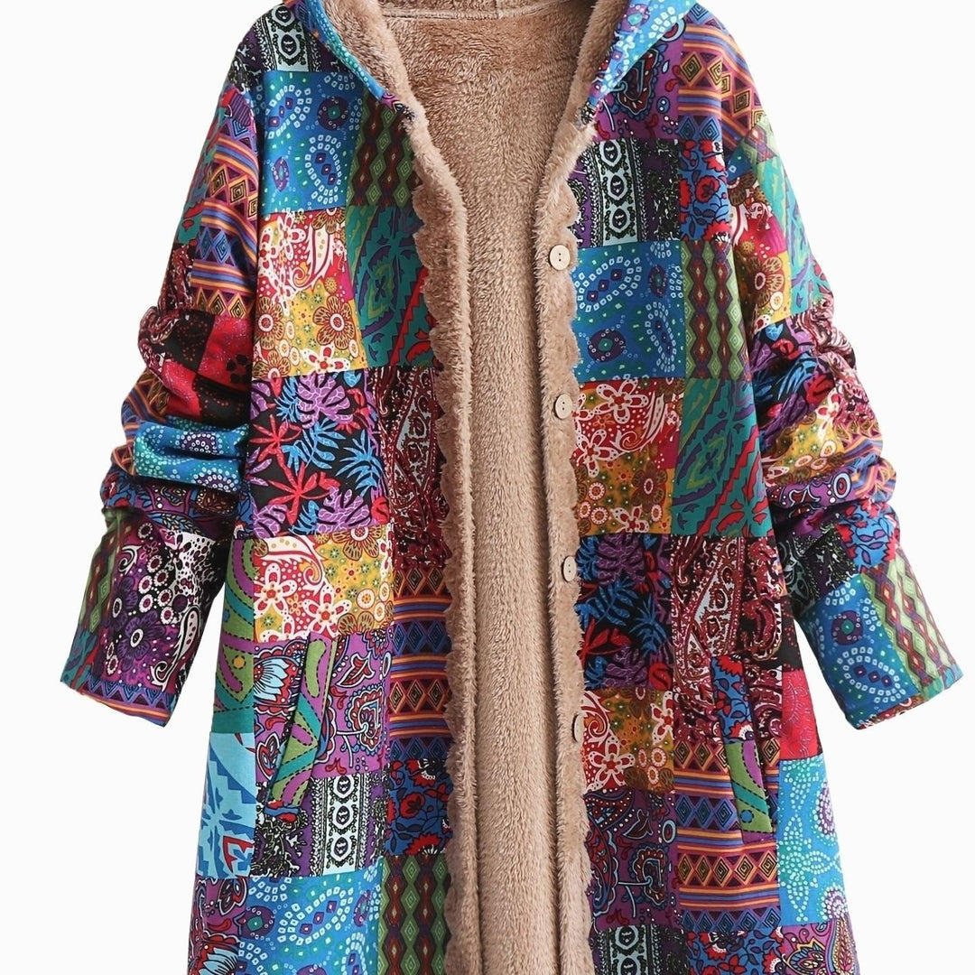 Women's Boho Patchwork Print Fleece-Lined Hooded Comfortable Jacket