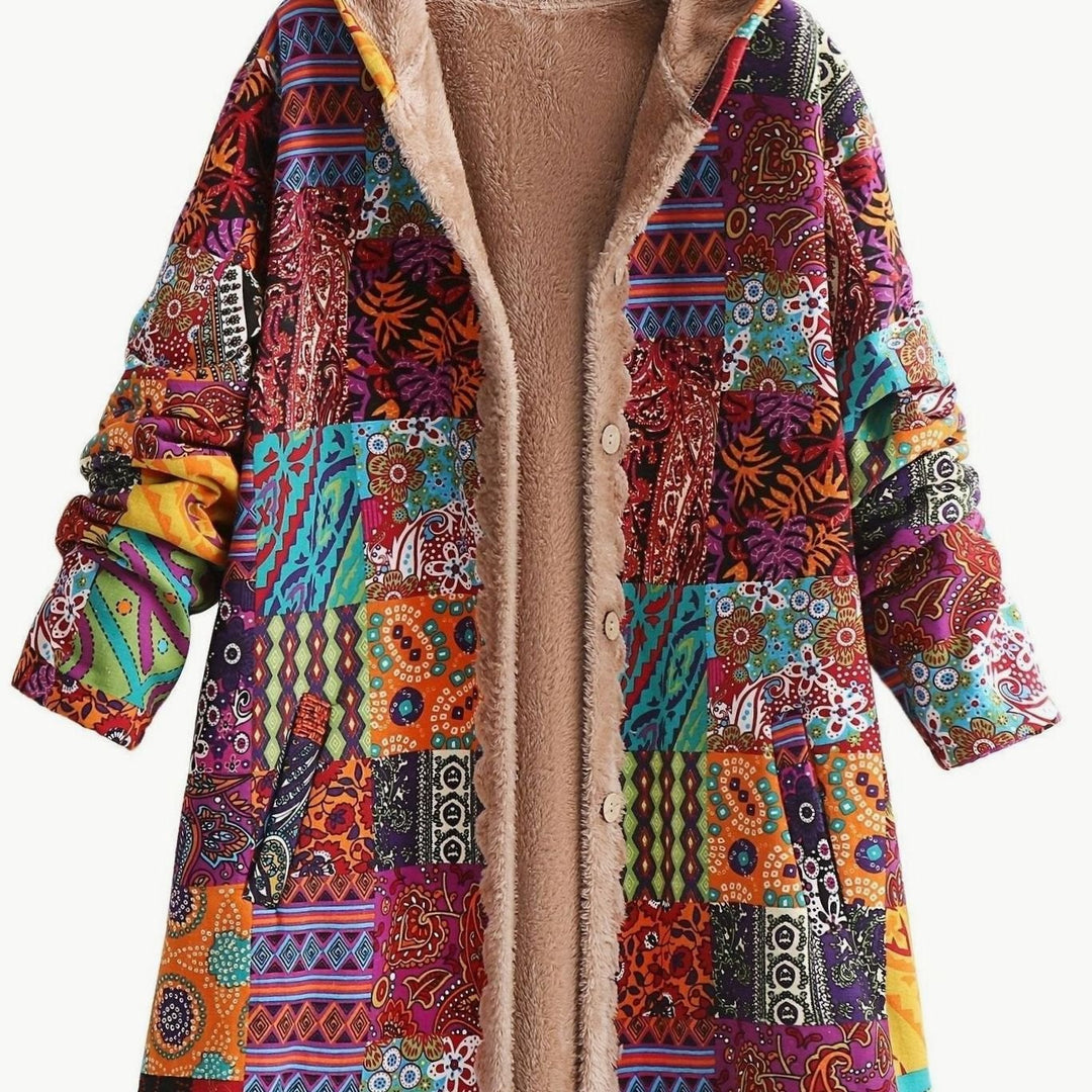 Women's Boho Patchwork Print Fleece-Lined Hooded Comfortable Jacket