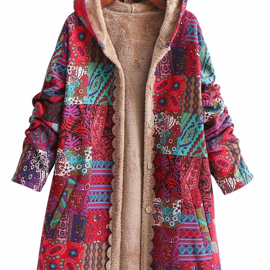 Women's Boho Patchwork Print Fleece-Lined Hooded Comfortable Jacket