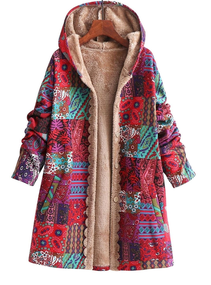 Women's Boho Patchwork Print Fleece-Lined Hooded Comfortable Jacket - Red