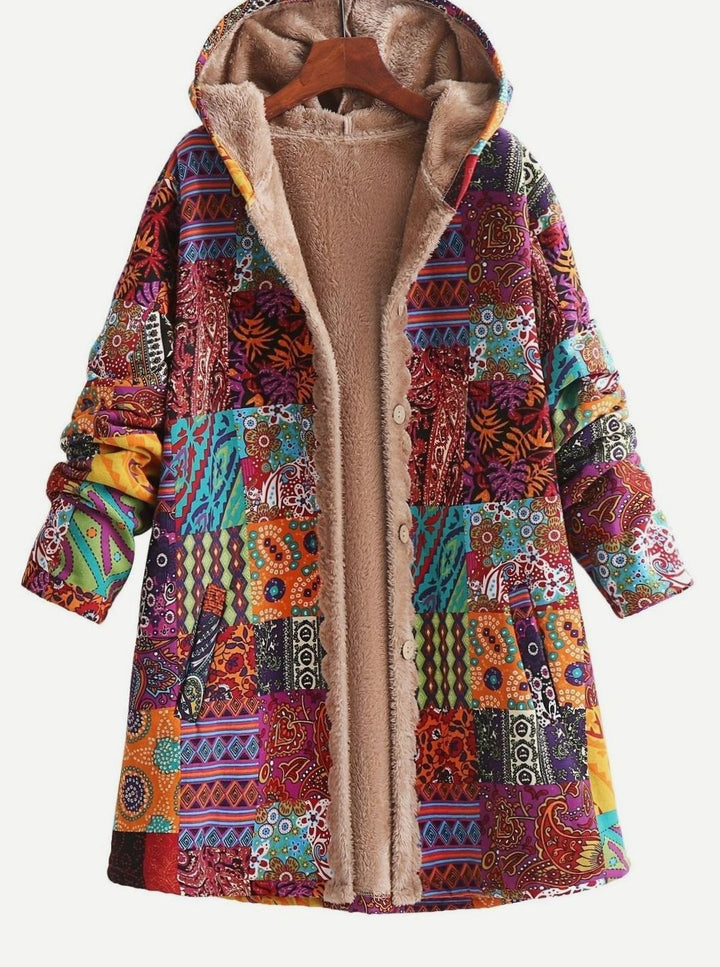 Women's Boho Patchwork Print Fleece-Lined Hooded Comfortable Jacket - Ginger