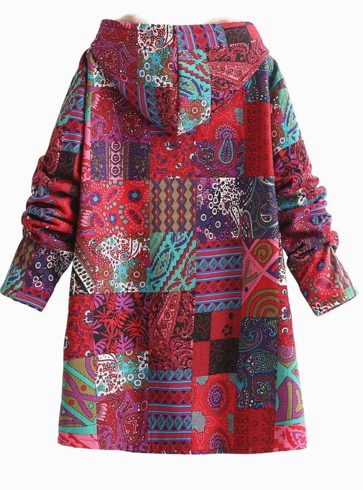 Women's Boho Patchwork Print Fleece-Lined Hooded Comfortable Jacket