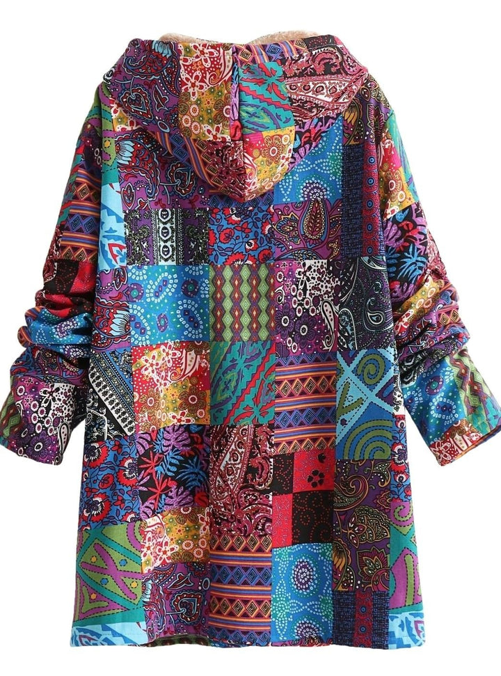 Women's Boho Patchwork Print Fleece-Lined Hooded Comfortable Jacket