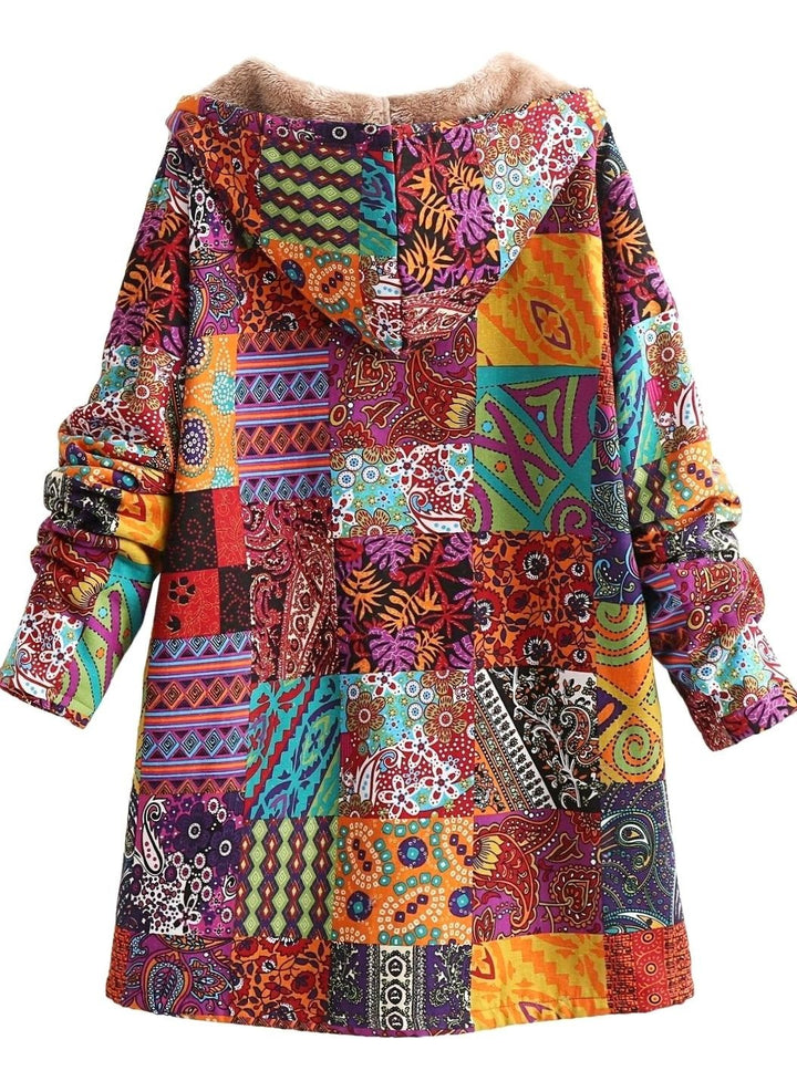 Women's Boho Patchwork Print Fleece-Lined Hooded Comfortable Jacket