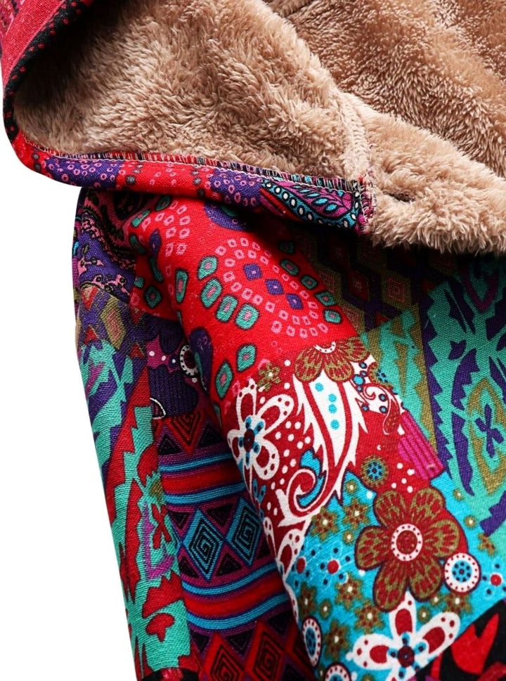 Women's Boho Patchwork Print Fleece-Lined Hooded Comfortable Jacket