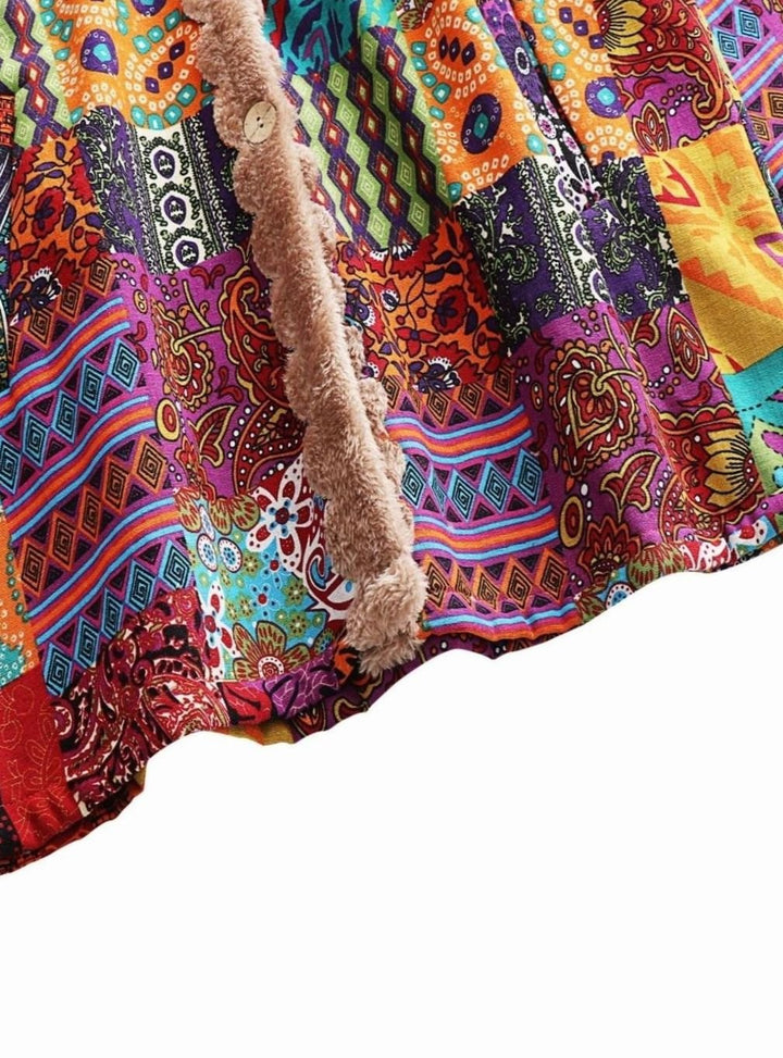 Women's Boho Patchwork Print Fleece-Lined Hooded Comfortable Jacket