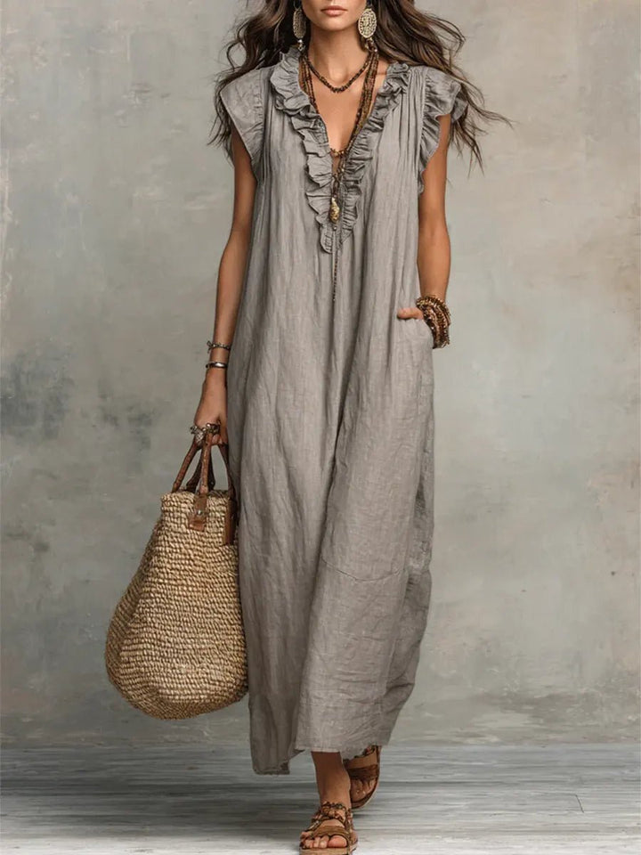 Women's Boho Ruffle V-Neck Flutter Sleeve Linen Maxi Dress - Gray