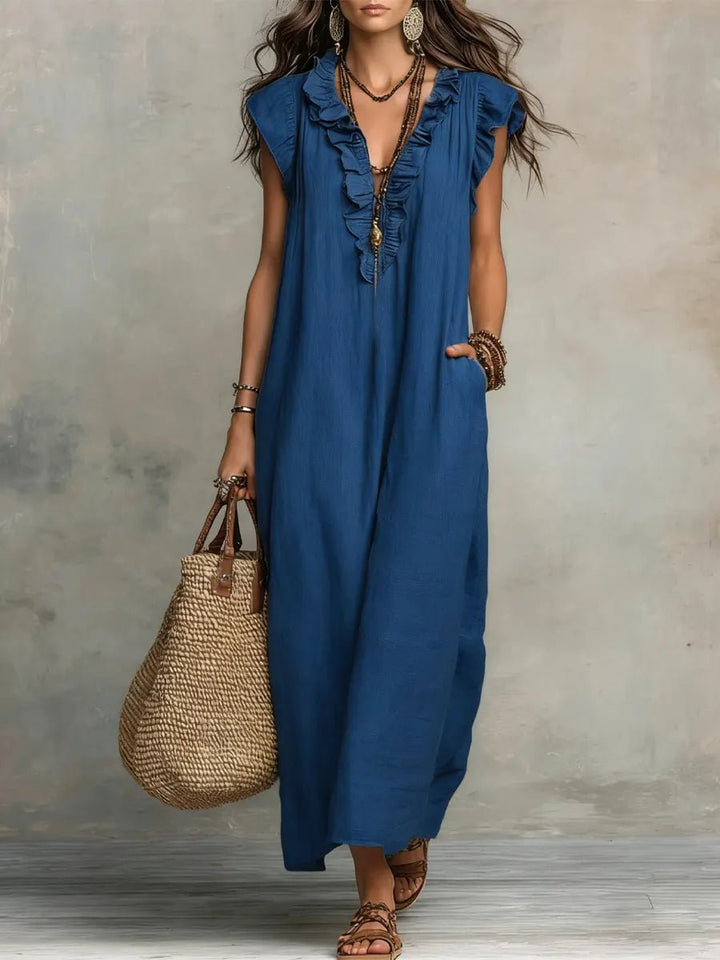 Women's Boho Ruffle V-Neck Flutter Sleeve Linen Maxi Dress - Blue