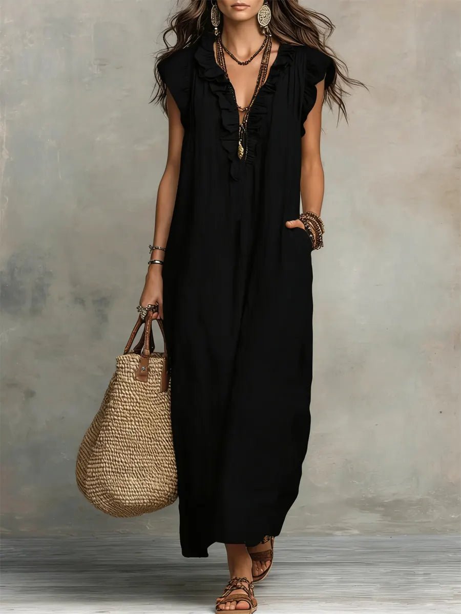 Women's Boho Ruffle V-Neck Flutter Sleeve Linen Maxi Dress - Black