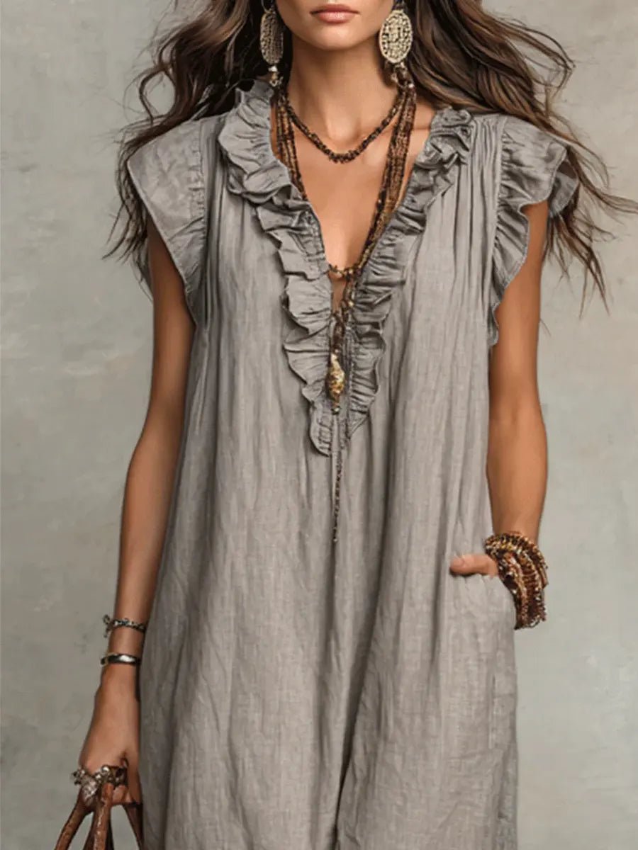 Women's Boho Ruffle V-Neck Flutter Sleeve Linen Maxi Dress