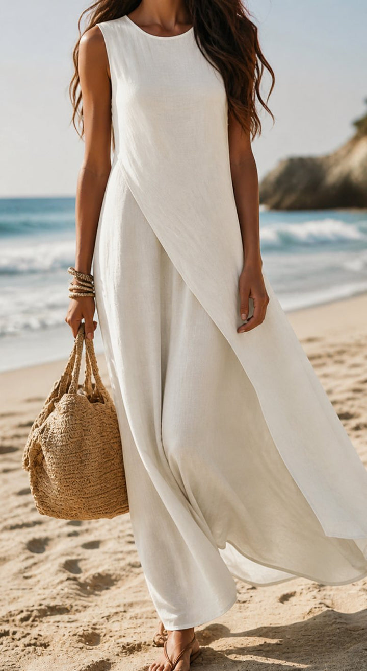 Women's Boho Sleeveless Crew-Neck Flowy Maxi Dress